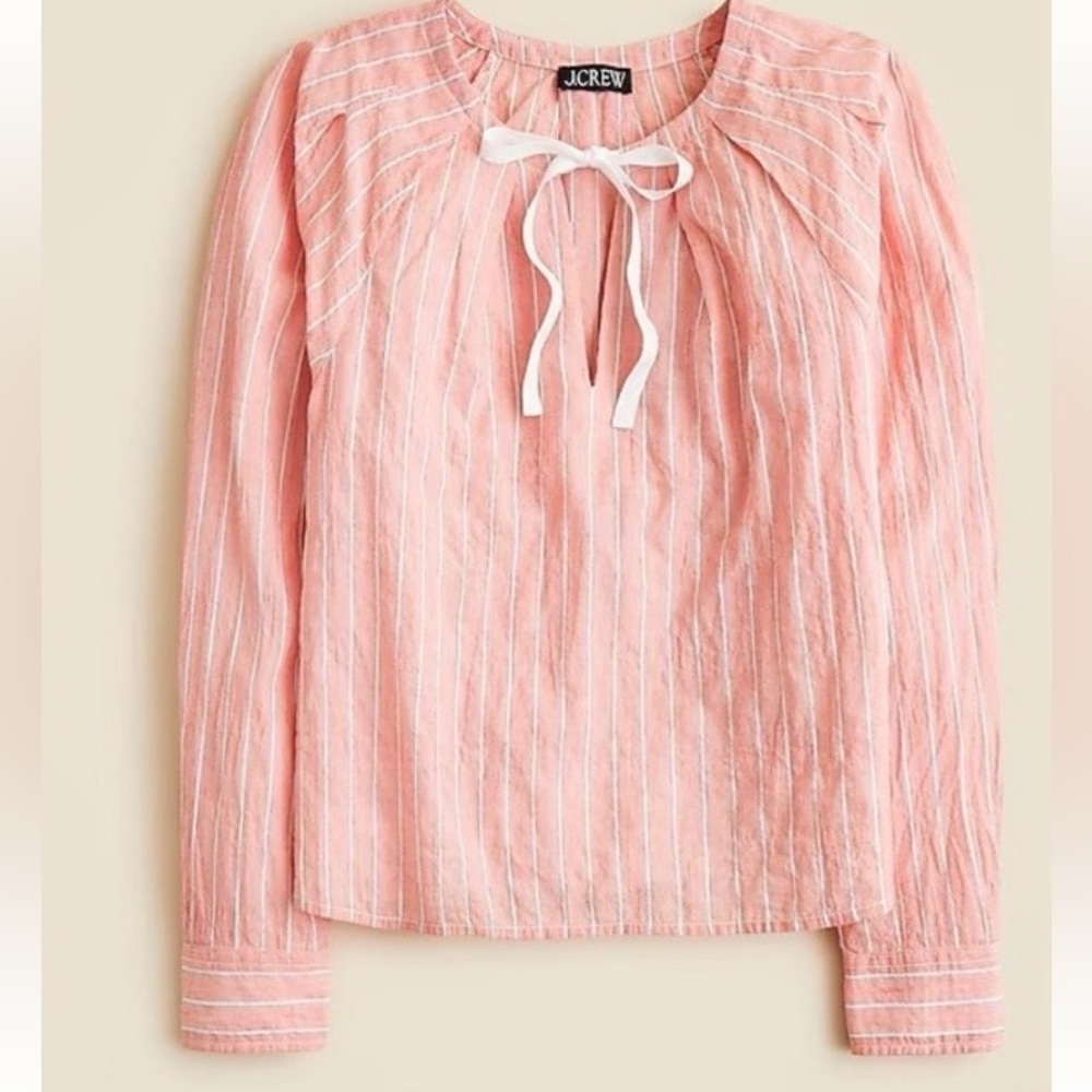 J. Crew Pink and White Striped Tie Neck Top - Small